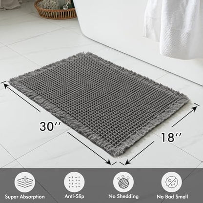 MIULEE Set of 2 Waffle Bathroom Rugs Boho Bath Mat Dark Grey 18x30 Inch
