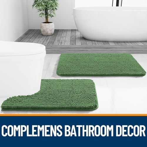 OLANLY Chenille Bathroom Rugs Sets 2 Piece, 24"x16"+24"x20", Olive Green