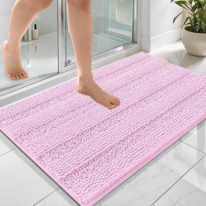 OLANLY Thick Bathroom Rugs 36x24, Soft Chenille Striped Bath Rugs, Pink