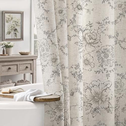 Farmhouse Floral Vintage Shower Curtain for Bathroom, Grey and Tan Taupe
