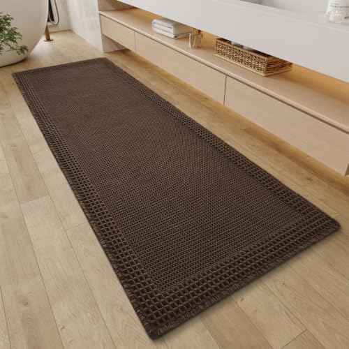 RESARE Waffle Bathroom Runner Rugs, Non Slip Boho Bath Mat 24x60 Dark Brown
