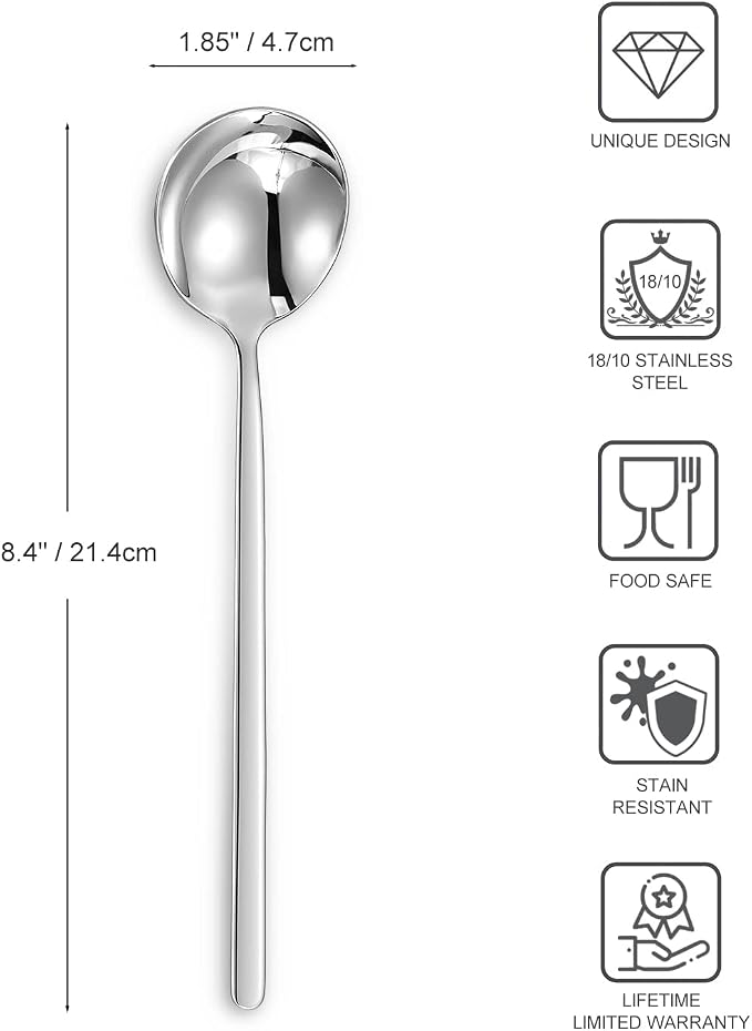 KEAWELL Premium Korean Soup Spoons with Long Handles, Set of 4, 18/10 Stainless Steel, Dishwasher Safe (Plain)