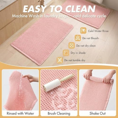 MIULEE Set of 2 Waffle Bathroom Rugs Boho Bath Mat Pink 17"x24"+18"x30"