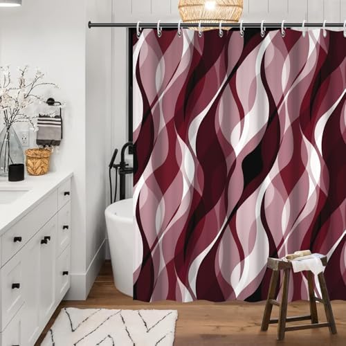 Burgundy Striped Shower Curtain with Hooks for Bathroom 72x84 Inch