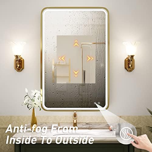 LED 36x24 Inch Lighted Bathroom Mirror,Gold Frame,3 Color