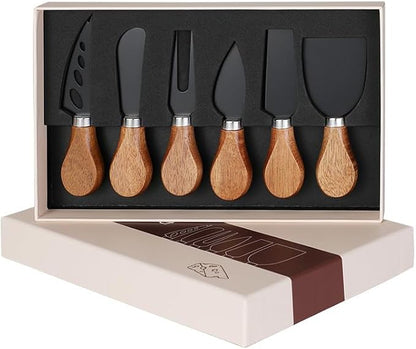 6 Piece Cheese Knives Set with Wooden Handle, Mini Steel Stainless Cheese knife set for Charcuterie and Cheese spread, Perfect for Cheese Slicer and Butter Cutter (Acacia-Black Box)