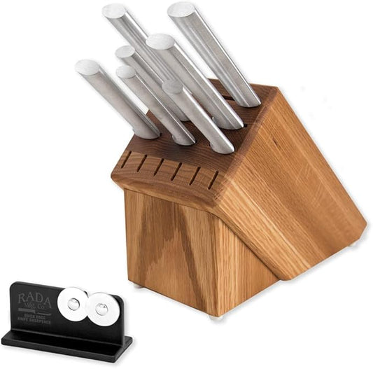 Rada Cutlery Essential Oak Block Set (S58) with Quick Edge Sharpener (R119), 8-Piece Block Knife Set and Knife Sharpener, Stainless Steel Blades, Silver Handle