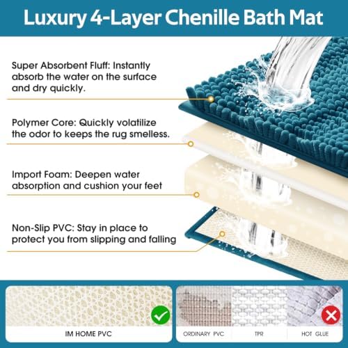 ACCUMTEK Comfydew Striped Teal Blue Bathroom Rug Set 3 Pieces Ultra Soft, Non Slip Chenille Toilet Mat, Absorbent Plush Shaggy Bath Mats for Bathroom, Bedroom, Kitchen
