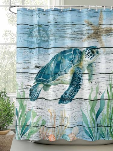 Shower Curtain Bathroom Set Sea Turtle Seagrass Starfish Waterproof Shower Curtains with Grommets Hooks Nautical Compass Blue Gradient Privacy Bath Curtain for Bathtub Decor 48x72in