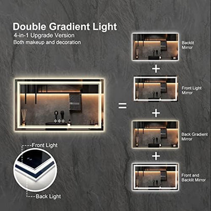 LED Vanity Mirror, 48x30 Inch Gradient Front and Backlit LED Mirror for Bathroom, 3 Colors Dimmable CRI>90 Double Lights, IP54 Enhanced Anti-Fog, Hanging Plates Wall Mount Lighted Mirror