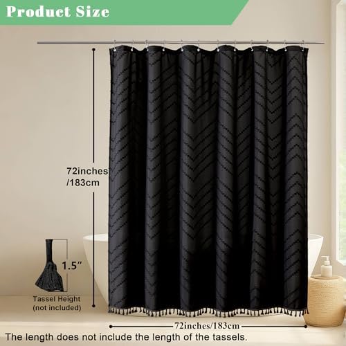 OWENIE Boho Shower Curtain, Black Fabric Cloth Shower Curtains Farmhouse Tufted Chevron Striped Textured with Tassel for Bathroom, Soft Hotel Style Modern Minimalist, Machine Washable, 72x72, Black