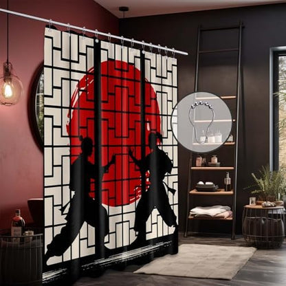 Japanese Shower Curtain Japan Anime Asian Black and Red Shower Curtains for Manly Bathroom Decor Sets, Waterproof Cloth Fabric with Hooks, 36 x 72 Inch