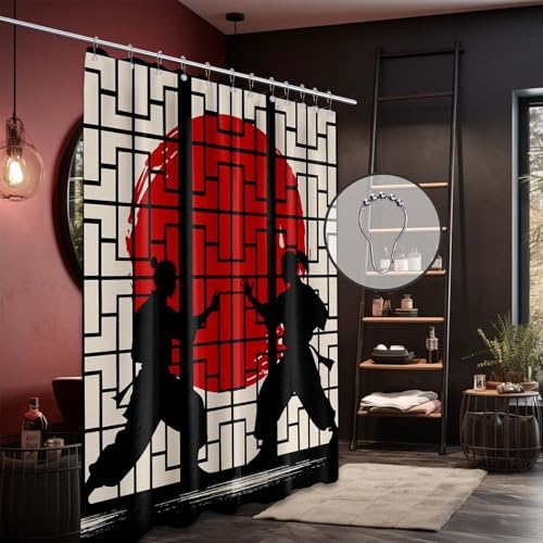 Japanese Shower Curtain Japan Anime Asian Black and Red Shower Curtains for Manly Bathroom Decor Sets, Waterproof Cloth Fabric with Hooks, 48 x 72 Inch