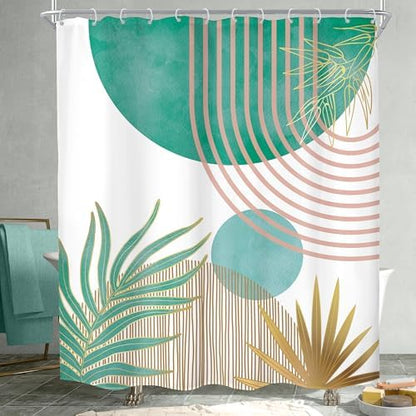 Mid Century Green Pink Boho Abstract Modern Bathroom Shower Curtain Set