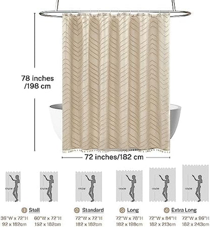 Siiluminisoy Farmhouse Boho Shower Curtain, Woven Fabric Beige Long, 72 x 78, Tufted Chevron Striped Modern Chic Textured Minimalist Bathroom Shower Curtain