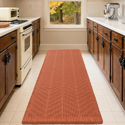 Upgrade Waffle Bath Mat Set 3 Piece, Boho Bathroom Rugs Absorbent Non Slip, Soft Bathroom Mats, Machine Washable Knit Bath Rugs with Herringbones for Bathroom, Bedroom, Kitchen, Shower, Burnt Orange
