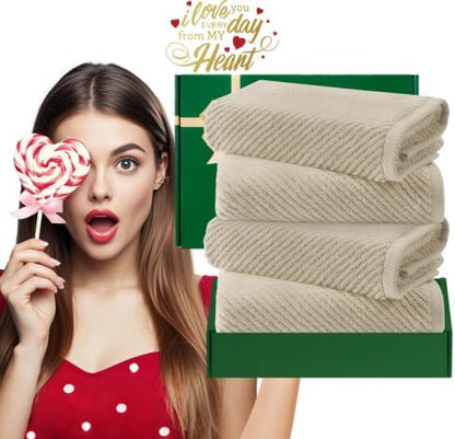 VOOVA & MOVAS Bathroom Hand Towels 4PC, 100% Cotton, 18x28 in, Dark Beige