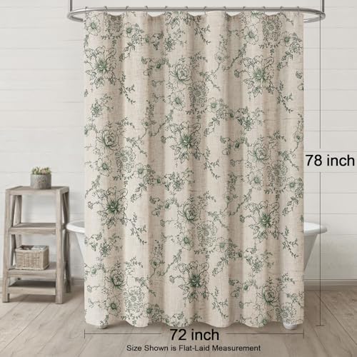 Farmhouse Floral Vintage Shower Curtain for Bathroom, Green and Tan Taupe