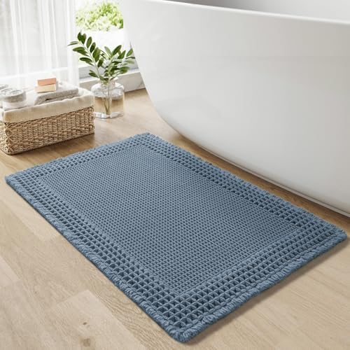 RESARE Waffle Bath Mat for Bathroom, Non Slip Bathroom Rugs 18"x30" Blue