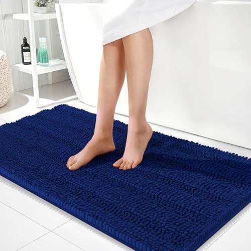 OLANLY Thick Bathroom Runner Rugs 44x24, Soft Chenille Long Bath Rugs, Navy