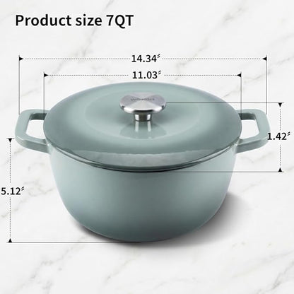 7QT Enamel Cast Iron Dutch Oven with Lid,Dual Handles,Versatile Heavy-Duty Non-toxic Cookware for Sourdough Bread Baking,Braising,Stews,Roasting,Oven Safe up to 500°F green