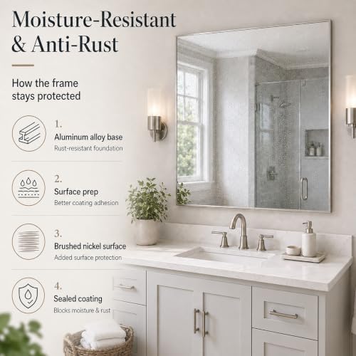36"x36" Brushed Nickel Framed Square Bathroom Vanity Wall Mirror