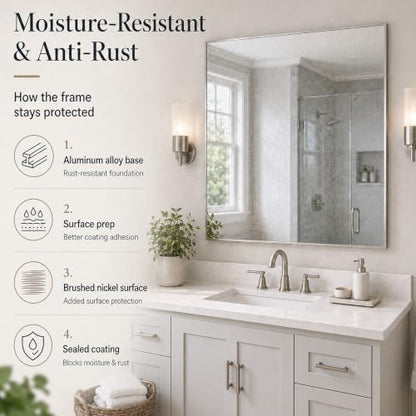 36"x36" Brushed Nickel Framed Square Bathroom Vanity Wall Mirror