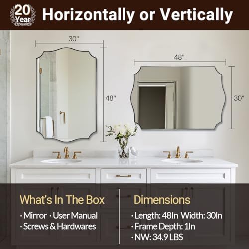ANDY STAR 30x48 Inch Matte Black Mirror, Unique Rectangular Bathroom Mirror, Black Mirror in Premium Stainless Steel Metal Thin Frame Deep 1’’, Large Decorative Mirror for Bathroom, Entryway, Mantel
