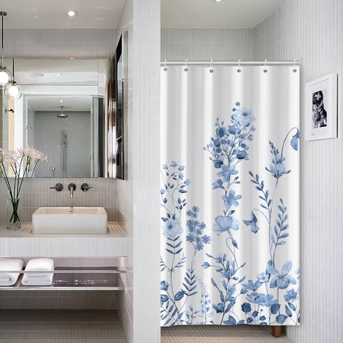 AWERT Small Half Size Stall Shower Curtain with 6 Hooks Shower Stall Curtain 36 x 72 Light Blue Floral 36 inch Shower Curtain for Bathroom/RV and Camper (Light Blue)