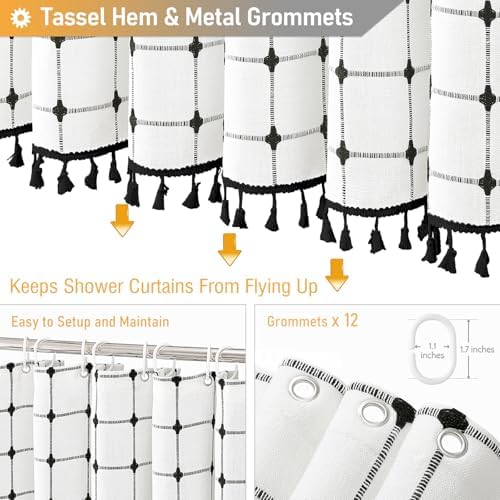BTTN Extra Long Boho Farmhouse Linen Shower Curtain, 72x96, White and Black