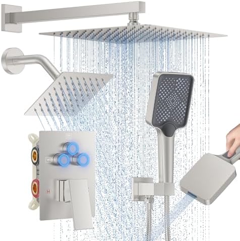 Woindo Shower Faucet Set, 12" Wall Mount Rainfall Shower System with 2 Rain Shower Head and Multi-function Handheld Head Push Button Diverter Shower Faucet Trim Kit