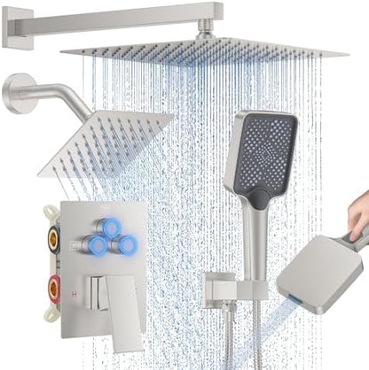 Woindo Shower Faucet Set, 12" Wall Mount Rainfall Shower System with 2 Rain Shower Head and Multi-function Handheld Head Push Button Diverter Shower Faucet Trim Kit