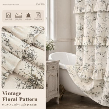 Farmhouse Floral Ruffle Shower Curtain for Bathroom
