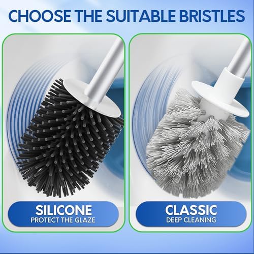 BOOMJOY Toilet Brush and Holder Set, Silicone Toilet Bowl Cleaner Brush, Bathroom Cleaning Bowl Kit with Tweezers, Bathroom Accessories with Aluminum Handle - White