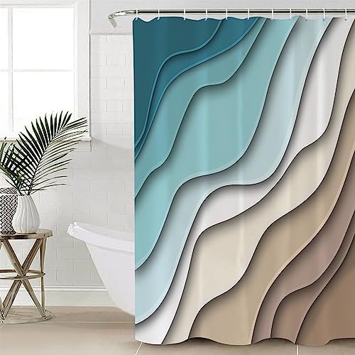 Shower Curtain Bathroom Set Teal Stripes Gradient Water Ripple Waterproof Shower Curtains with Grommets Hooks Brown Abstract Geometric Modern Art Privacy Bath Curtain for Bathtub Decor 72x78in