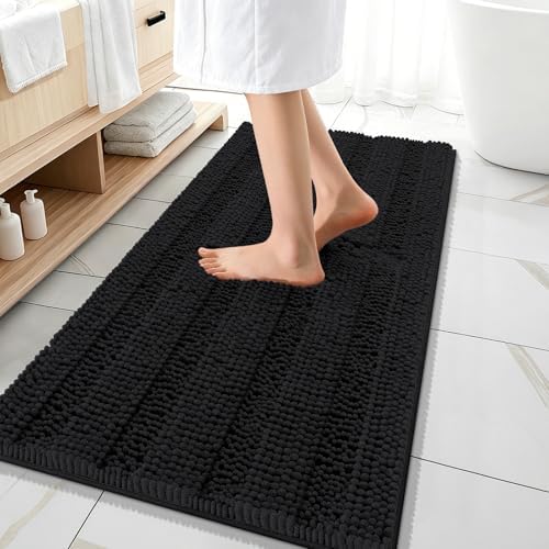 OLANLY Thick Bathroom Runner Rugs 47x20, Soft Chenille Bath Rugs, Black