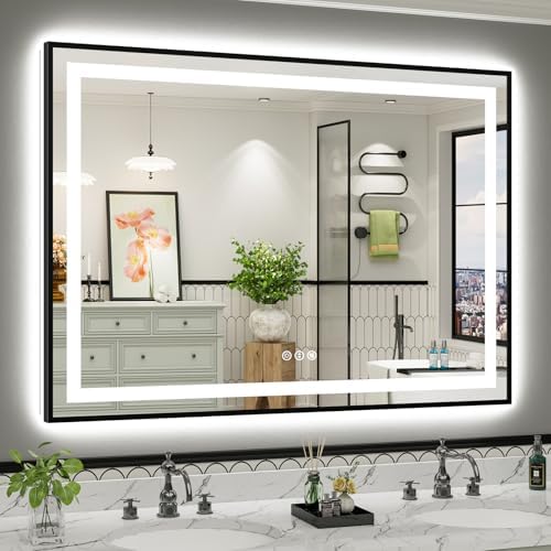 Briivue 55x40 Inch LED Bathroom Mirror with Gold Frame, Backlit & Front Lit