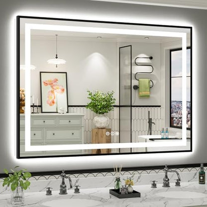 Briivue 55x40 Inch LED Bathroom Mirror with Gold Frame, Backlit & Front Lit