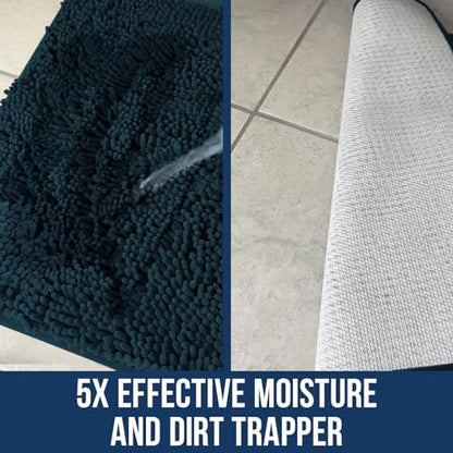 Muddy Mat Chenille Bathroom Rugs Quick Dry Microfiber Mats Non Slip Washable, Extra Thick, Soft and Highly Absorbent Bath Mats for Bathroom, Kitchen, and Shower Floor - Atlantic Blue Medium 30"X19"