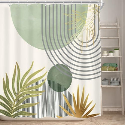 Mid Century Mint Green Boho Abstract Modern Bathroom Shower Curtain Set