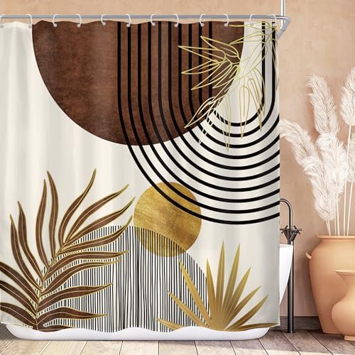 Mid Century Brown Boho Abstract Modern Gold Bathroom Shower Curtain Set