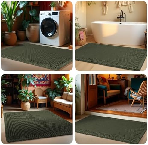 Extra Large Waffle Bath Mat, Boho Woven Modern Bath Rug Absorbent Non Slip, Ultra Soft Bathroom Mats, Machine Washable Knit Bath Rugs with Herringbones for Bathroom, Bedroom, Shower, 6'x2', Dark Green