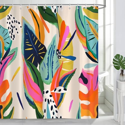 Colorful Abstract Shower Curtain, Floral Boho Modern Asthetic Plant Bathroom Curtain, Waterproof Polyester Fabric Shower Curtain Set with Hooks 72x78 Inch