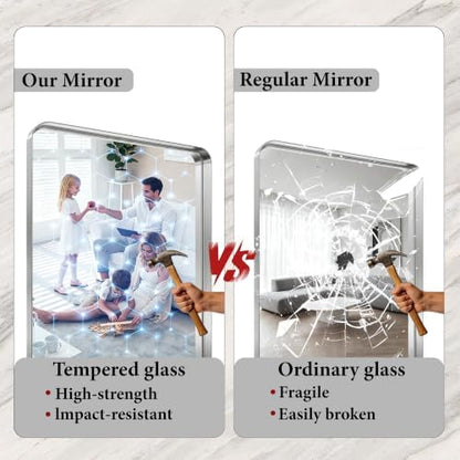 48X30 Inch Silver Metal Framed Bathroom Mirror for Wall,HD Tempered Glass