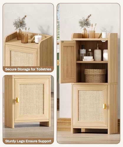 Akxomel Rattan Small Bathroom Cabinet Narrow Toilet Paper Organizer Oak