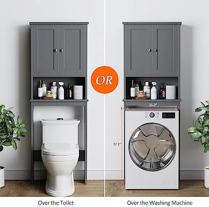 Over the Toilet Storage Cabinet, Bathroom Storage Cabinet Over Toilet with 2 Wood Doors, Freestanding Space Saver, Adjustable Shelf & Open Shelf, Grey