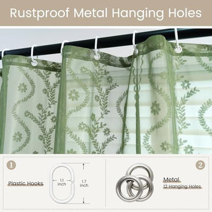 WAZZIO Dark Sage Green Lace Shower Curtain for Bathroom 72" W x 84" L, Victorian Farmhouse Floral Pattern Tassel Fancy Shower Curtain Boho Washable Cloth Decorative Bath Curtains,1 Panel