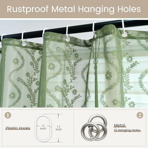 WAZZIO Dark Sage Green Lace Shower Curtain for Bathroom 72" W x 72" L, Victorian Farmhouse Floral Pattern Tassel Fancy Shower Curtain Boho Washable Cloth Decorative Bath Curtains,1 Panel