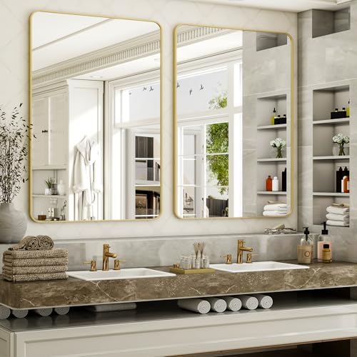 Easly 30 x 48 Inch Bathroom Mirror, Rounded Rectangular Vanity Mirror for Wall, Modern Mirror for Room Decor, Gold Framed Wall-Mounted Mirrors for Home Decor, Hangs Horizontally or Vertically