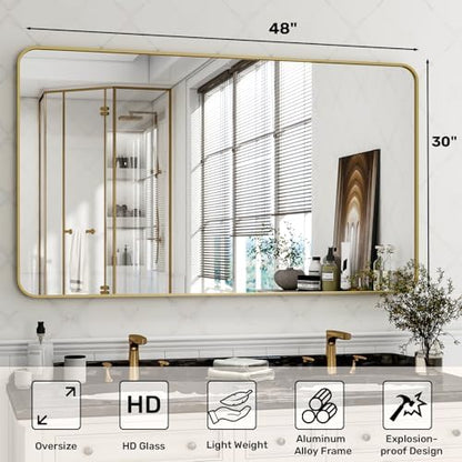 Easly 30 x 48 Inch Bathroom Mirror, Rounded Rectangular Vanity Mirror for Wall, Modern Mirror for Room Decor, Gold Framed Wall-Mounted Mirrors for Home Decor, Hangs Horizontally or Vertically